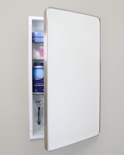 Image of 16x26 Austin Farmhouse Metal Framed Rounded Rectangle Recessed Bathroom Medicine Cabinet, Beveled Mirror, 14x24 in-Wall Opening, powder-coated Steel, Glass Shelves, Magnet Close, Brushed Nickel