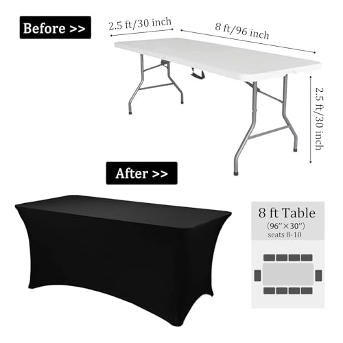 Image of 2 Pack 8FT Spandex Table Covers Washable Wrinkle Resistant Stretch Table Cloth for Folding Table Wedding Party Birthday Banquet Bar Events(Black)