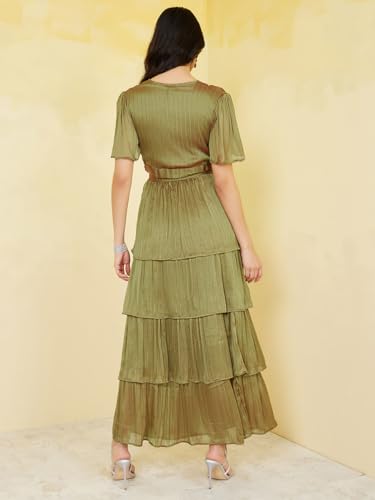 Image of Styli Women Lurex Striped Layered Maxi Dress | Button Detail One Piece Dress | Stylish Party & Evening Dress for Women | Perfect Casual & Special Occasion Wear