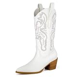 Women's Embroidered Cowboy Western Boots Mid Calf, Pointed Toe Chunky Heel 5cm Stitching Pull On Des