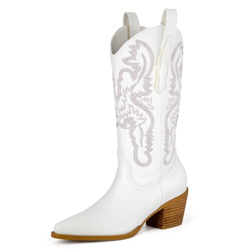 Women's Embroidered Cowboy Western Boots Mid Calf, Pointed Toe Chunky Heel 5Cm Stitching Pull On Design Cowboy Cowgirl Western Boots For Ladies, Party And Outdoor #TOP10