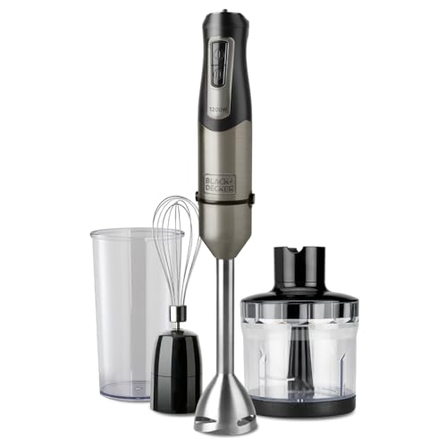 BLACK+DECKER - Batidora de Mano 3 en 1 1200W | 20 Velocidades + Turbo | Cuchillas Acero | Incluye: Vaso Medidor 250ml, Vaso Picador 350ml y Emulsionador | Antisalpicaduras | Antihuellas