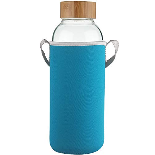 Ferexer 48 oz Sports Borosilicate Glass Water Bottle with Bamboo Lid with Neoprene Sleeve