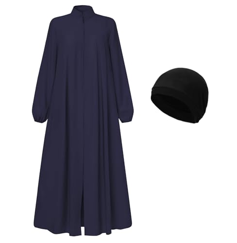 Image of Womens Muslim Abaya Dress Front Zipper 2 Pockets Long Sleeve Prayer Islamic Clothes with Hijab Cap