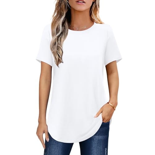Elesomo Womens Short Sleeve Crew Neck Tshirts Loose Basic Plain Tunic Tops, White XXL