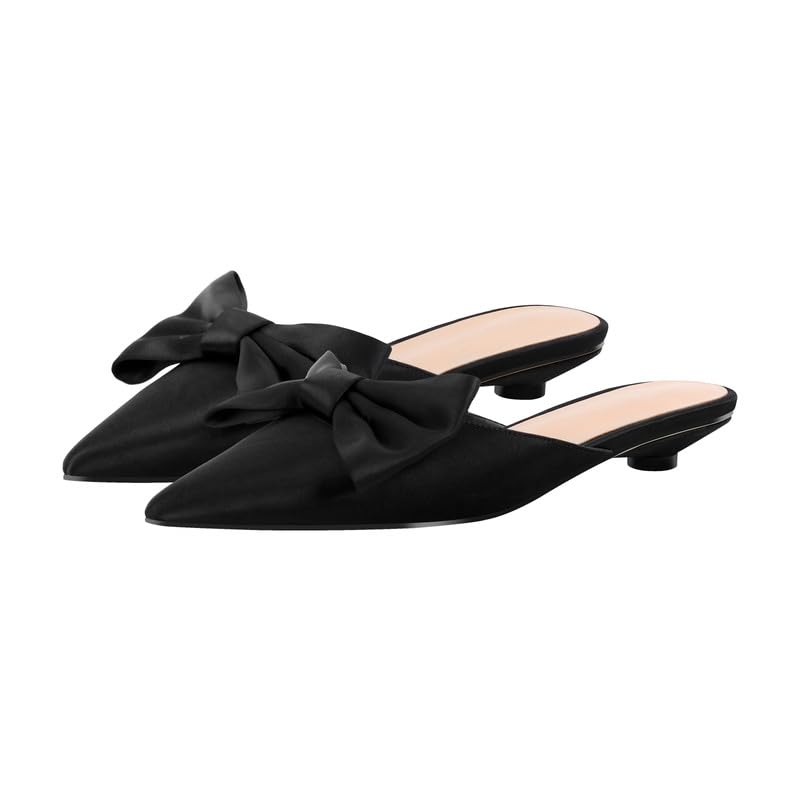 sexytag Kitten Heels for Women Slip On Mules Satin Bow Heels Closed Pointed Toe Pumps2