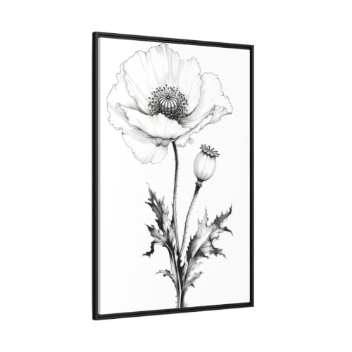 Tableau pavot noir et blanc encadré 80x120 cm pour salon