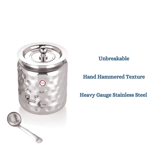 Opullo Stainless Steel Ghee Pot with Spoon | Oil Containers For Kitchen | Ghee Container with Spoon 1000 Ml Hammered Finish