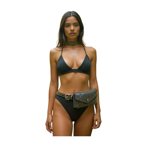 Women Fashion Skinny Black Faux Lerather Belt Hip Waist Silver Metal Studs Wallet Bag Size S M z0372