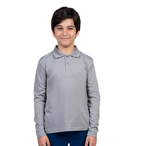 INGEAR Boys Golf Polo Long Sleeve Shirts Performance Active Wear Polo for Tennis and Casual Wear - Versatile Boys Polo Shirts (US, Alpha, Medium, Gray)
