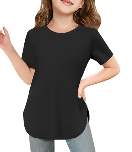 Image of Haloumoning Girls Summer Short Sleeve Shirt Kids Crewneck Curve Hem Soft Tunic Tops T-Shirts 5-14 Years