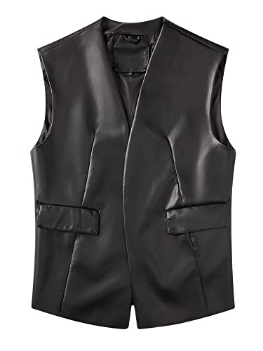 Keomud Faux Leather Vest For Women Sleeveless Open Front Pu Leather Vest Jacket With Pockets Black Large #TOP5