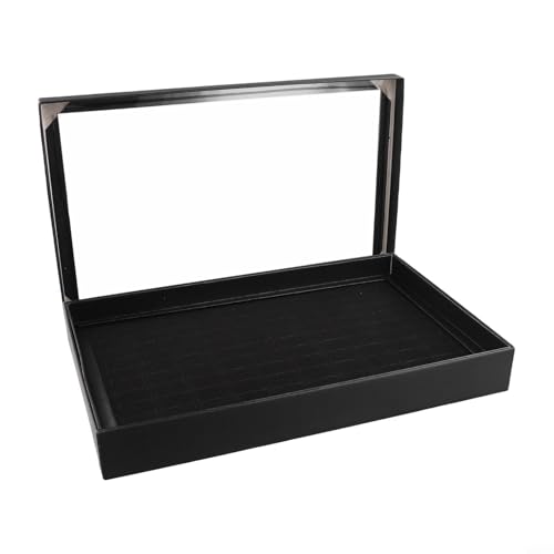 TONIXY 100 ranuras de joyería para caja de exhibición de anillos, bandeja organizadora apilable de cuero artificial con tapa transparente para almacenamiento de aretes, exposición en casa, negro, 29 x