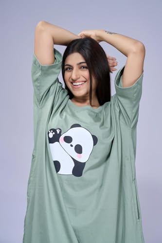 Image of LAMA STORE Women's Printed Oversized T-Shirt Dress, Cotton, 3 /4 Sleeve Length, Casual Loose Fit, Comfort Wear Extra Comfy Oversized Printed Pocket T-Shirt Dress