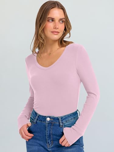 Image of ANRABESS Long Sleeve V Neck Shirts for Women | Soft Comfy Ribbed Knit Fitted Tshirts, Casual Going Out Tops, 2026 Trendy Basic, Fall Winter Underscrub Layering Clothes