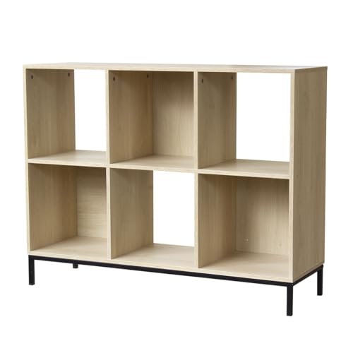 Calicosy - Étagère De Rangement 6 Cases Décor Bois - Panneaux De Particules Et Acier - 3 Cases sans Fond - 4 Pieds Métal - Séjour, Chambre, Bureau - Style...