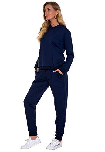 Guanyy Women Sweatsuits Casual 2 Piece Outfit Long Sleeve Tracksuits Hoodie Activewear Sets Navy Blue Large #TOP1