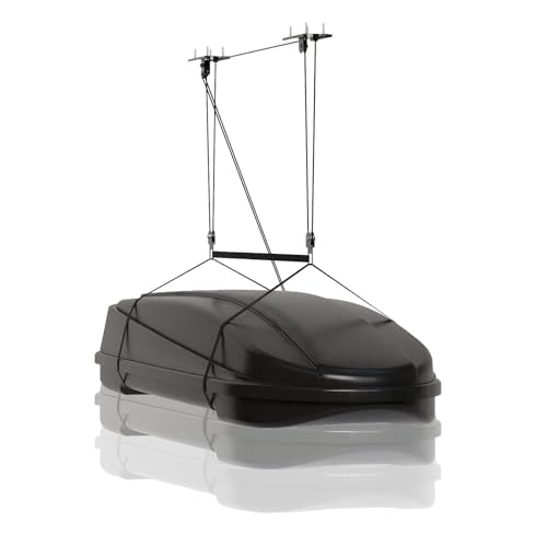 Garvee Estante de almacenamiento de techo resistente para garaje, capacidad de 150 libras, freno de seguridad, 2 poleas superiores, correas ajustables, elevador superior para cajas de carga, kayaks
