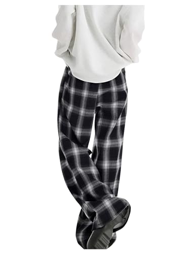 OYOANGLE Women's Plaid Print Pants Drawstring Elastic Waisted Wide Leg Casual Pants2