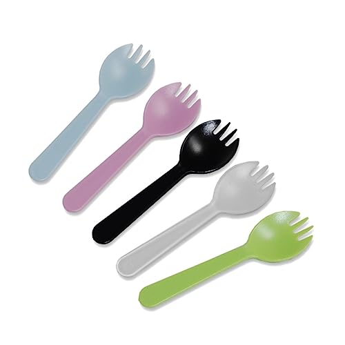BEBEMOKO 100pcs 2-in-1 Plastic Sporks Spoons Mini Forks for Ice Cream Tableware for Dessert Appetizer Fruit Salad