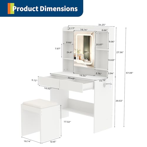 GarveeHome Vanity Desk with Mirror and Lights, for Bedroom,Includes Padded Stool, Easy to Assemble, Storage Drawers, USB Outlets, Hairdryer Holder, Adjustable LED Light with 3 Lighting Modes