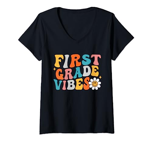 Camisa de 1st Grade Vibes para niña, estilo bohemio, Groovy Back to School Camiseta Cuello V