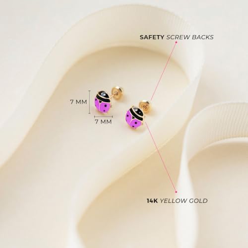 14k Yellow Gold Enamel Colorful Ladybug Screw Back Earrings for Toddlers & Young Girls - Ladybug Stud Earrings for Children with Safety Screw Back Locking - Kids Ladybug Earrings4