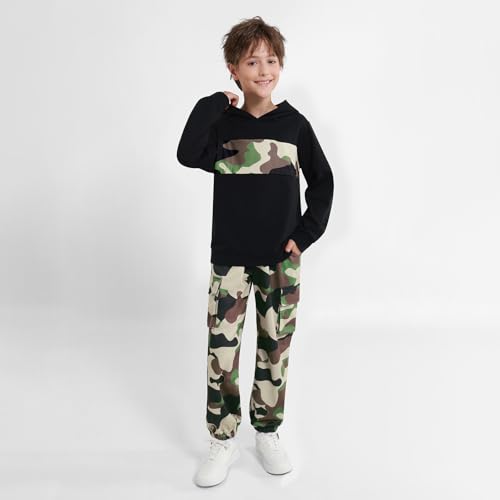 Boys Clothes Colorblock Pullover Hoodie Sweatshirt Tops and Camouflage Sweatpants 2Pcs Fall Winter Outfits Set 6-14 Years2