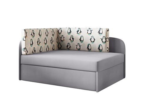 Kaiser Möbel - Kindersofa mit Schlaffunktion und Bettkasten, Kleines Sofa L-Form, Kinder Bett, Bequemes Couch für Kinderzimmer und Jugendzimmer, Stoff Casablanca, Winnie Pinguin, Grau, Rechts