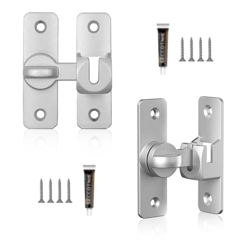 LNSYSNS 2 Pares Pestillo-Puerta, 90°/180° Cerradura Pestillo para Puerta, Aleación de Aluminio Pestillo Puerta Corredera, Plata, con 8 Tornillos y 2 Adhesivos Sin Clavos, para Dormitorios, Baños