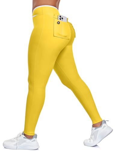 SEASUM Women's V Waist Cargo Booty Leggings - White Trimmed Waistband,High-Waist Scrunch Butt Lifting Leggings with Pockets Workout Gym Yoga Bottom Yellow XS