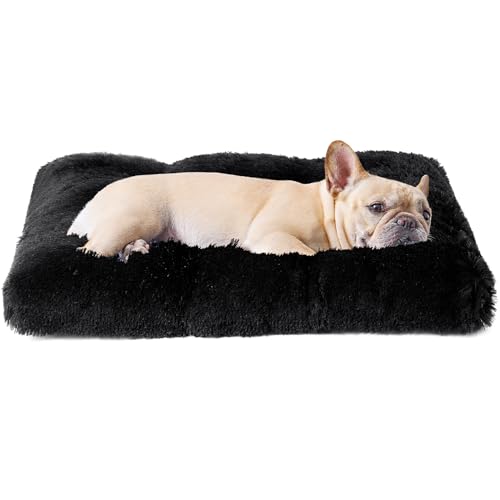 EHEYCIGA Fluffy Dog Crate Bed for Medium Dogs Plush Faux Fur Crate Pad Calming Anti Anxiety Medium Dog Bed Washable Soft Warm Crate Mat with Non-Slip Bottom Black
