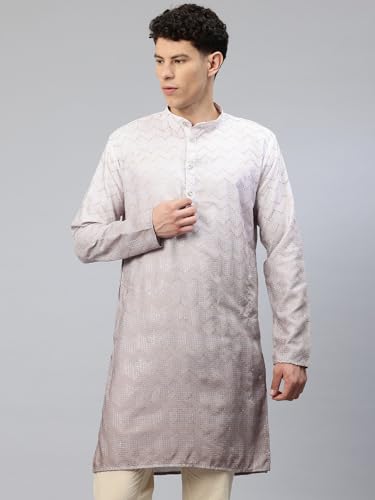 Image of Luxrio Men's Ombre Shaded Sequence Self Embroidered Textured Long Kurta Full Sleeves - Casual Ethnic Wear
