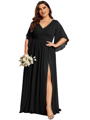 Image of Ever-Pretty Plus Women's Plus Size V Neck Half Sleeves Slit A Line Floor Length Bridesmaid Dress 01886-DA