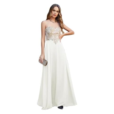 BABYONLINE D.R.E.S.S. Women's Sequin Rhinestone Gold Lace Prom Dress A-Line Elegant Long Chiffon Evening Dresses Cover