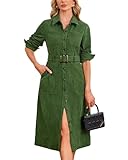 YEXPINE Women's Corduroy Midi Dress Long Sleeve Belted Button Down Shirt Long Dress with Pockets Green