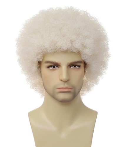 Image of Men's Afro Wig, 70s Disco Fluffy Curly Synthetic Wig, Retro Big Afro Wig for Halloween, Cosplay, 80s Theme Party and Bob Ross Costume.(Platinum Blonde)