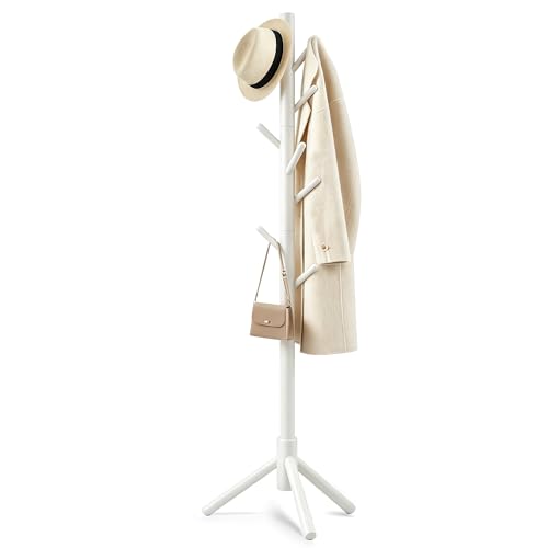 Freyawin Wooden Coat Rack Freestanding with 8 Hooks & 3 Adjustable Sizes for Clothes Space-Saving Design for Bedroom Office Entrance Holds Hats Coats Scarves Bags