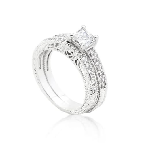 Vintage Filigree Princess Square Cut Cubic Zirconia CZ Engagement Ring and Wedding Band
