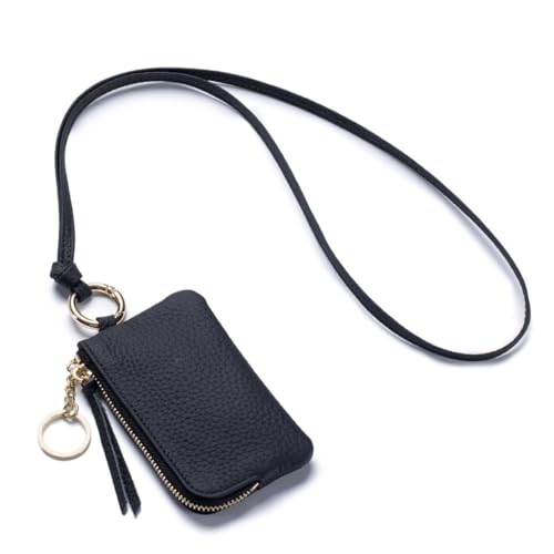 Genuine Leather Neck Wallet Credit Card Holder Key Ring Chain Wallet With Zipper Coins Change Pocket Unisex