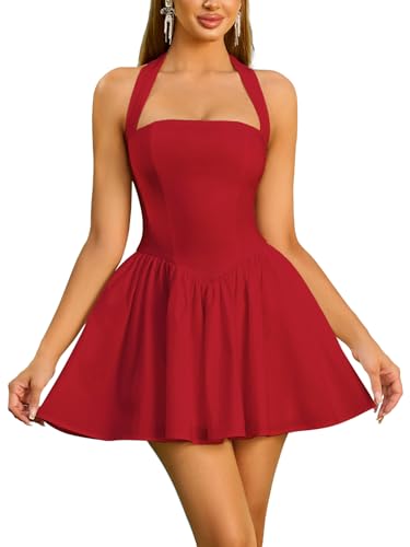 Image of Parthea Women's Floral Halter Mini Corset Dress Sleeveless A Line Flowy Cute Party Graduation Dress