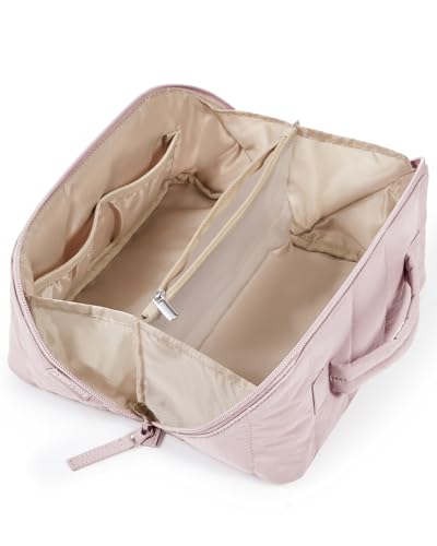 BAGSMART Travel Makeup Bag for Women Portable Water-resistant Cosmetic Case Puffy Padded Make Up Organizer Pouch Open Flat Toiletry Bag for Toiletries Brushes Pink