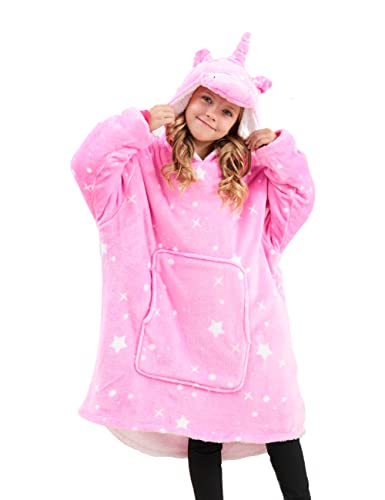 Image of Ceruwum Unicorn Hoodies for Girls, Unicorn Hooded Sweatshirt, Oversized Hoodie Blanket for Kids (Rose Stars, 5-6 Years)