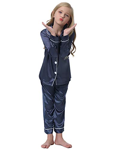 Hawiton Kids Satin Pajamas Set Toddler Girl PJS Long Sleeve Button Satin Loungewear Sleepwear Set with Pocket Dark Blue