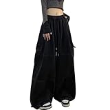 PEAINJ Baggy Cargo Pants for Women Men Y2k Wide Leg Sweatpants High Waisted Drawstring Pants Hip Hop Clothes Black-M