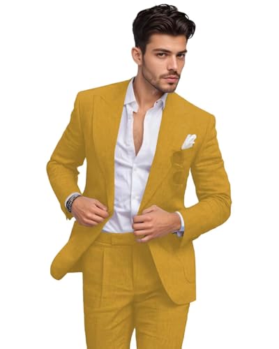 Linen Suits for Men Slim Fit 2 Piece Suit Summer Beach Wedding Suit Prom Casual Blazer Pants Set