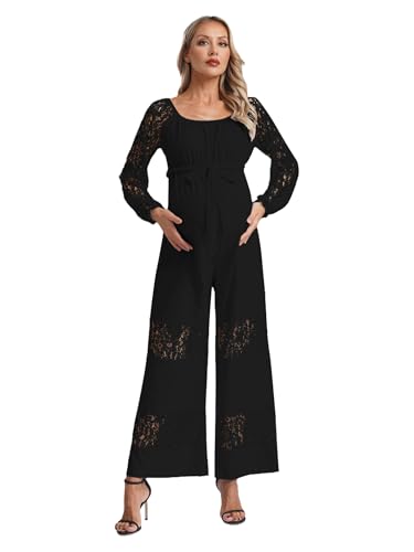Yhong Mono de maternidad elegante para mujer, traje de pantalón de encaje, traje festivo de boda, mono de manga larga, de una pieza, con pantalones anchos de pierna, Negro , L