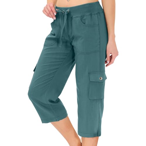 Blue Plus Size Cargo Pants for Women Casual Outdoor Quick Dry Camping Hiking Pants Drawstring Low Rise Wide Leg Shorts Cropped Plus Size Shorts with Pockets Comfy Loose Summer Outfits for Women 2025