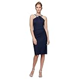 Alex Evenings Women's Short Sheath Slimming Stretch Halter Neck Dress, Perfect for Formal Events, Wedding Guest, Navy, 6