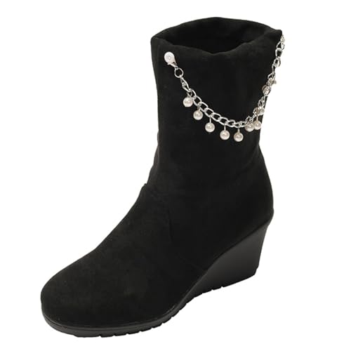 BIBOKAOKE Botas Mujer Elegante Negro Suede Botines Con Cadena de Perlas y Moda Cuña Suela Gruesa, Negro , 42 EU